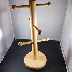 Vintage Wooden Mug Tree Stand Holder 6 Arm Round Base 14" Tall